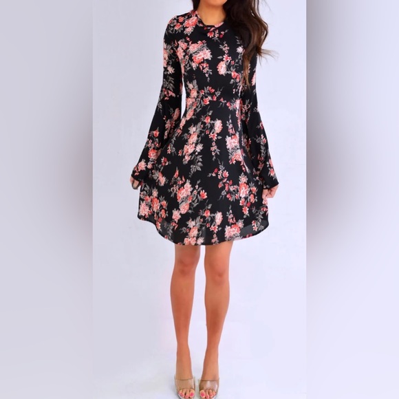 Forever 21 Black Coral Orange Gray Floral Long Flare Sleeve Dress M Medium - Picture 3 of 8